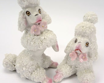 Two Poodle Dog Figurines // Dog figurine // Figurine // Set of Poodles // Vintage dog // Vintage Home Decor // White Poodles with Pink Trim