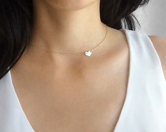 Small heart necklace - sideways heart necklace - delicate silver, gold or rose gold heart - sterling silver - rose gold heart