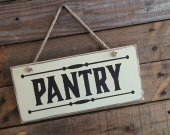 Wood PANTRY Sign - Buttermilk & Brown, with Jute Cord – Distressed, Rustic Country, Primitive, Vintage Farmhouse Antique Decor