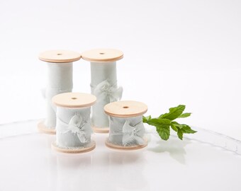 Silk Ribbon Mint / 3 yards of 1, 1.5, 2.5, 4 inch wide hand-dyed ribbon on wooden spool / Wedding Decoration