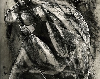 Art abstrait contemporain - Encres sur papier "Impression corps de femme" encre noire - fg.Eveils -101