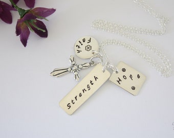 Faith Necklace, Strength Necklace, Hope Necklace, Cross Sterling Silver Necklace, Inspirational, Christian