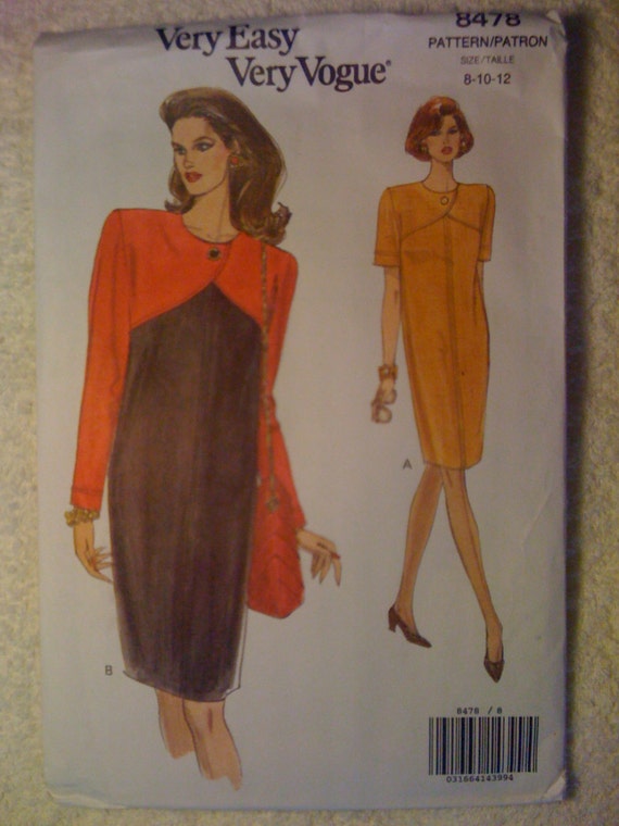 Very Easy Very Vogue 8478 Sewing Pattern 1990s Misses and Misses Petite Dress Size 8-10-12