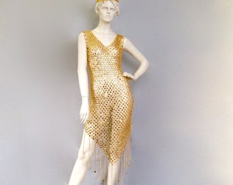 Vintage 1970s Space Age Futuristic Metallic Gold Chainmail Dress With Matching Hat