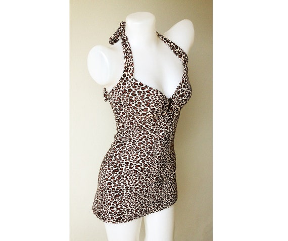 Vtg 50s Bettie Women Swimsuit in brown Leopard by beautychicshop