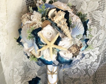 Beach Wedding Bouquet Beach Wedding Flowers Blue/White Beach Flower Bouquet-Beach Flowers-Nautical Seashell Wedding-Beach Bridal Flowers