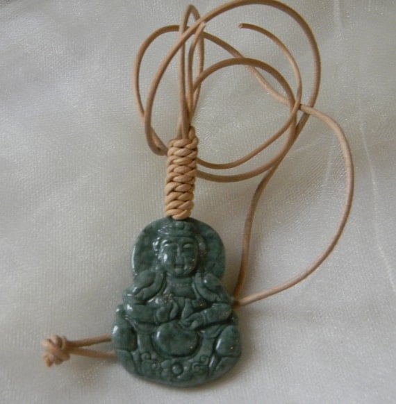 Jade Kwan Yin pendant w leather cord necklace Buddhist