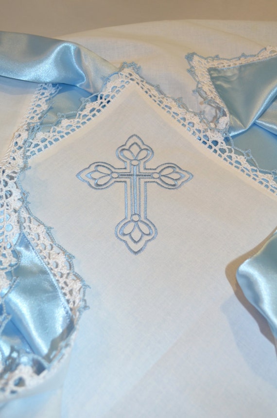 Personalized christening blanket with lace Blue blanket by llemio