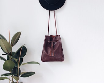 brown leather bucket bag, string bag, leather tote bag, leather bag,boho, crossbody bag