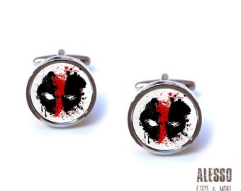 DEADPOOL CUFFLINKS. Marvel Deadpool mask round silver cufflinks. X-Men/Avengers movie inspired gift for men. Nerd geek love superhero
