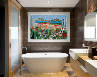 MOSAIC ART PANEL hand cut mosaic art stained glass wall landscape indoor outdoor patio art bathroom mosaic wall hanging