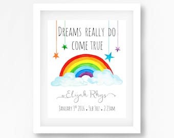 Rainbow Nursery Art Print, Rainbow Baby Gift, Gender Neutral Nursery Decor, Personalised Nursery Art, Christening Gift, Birth Print for Baby