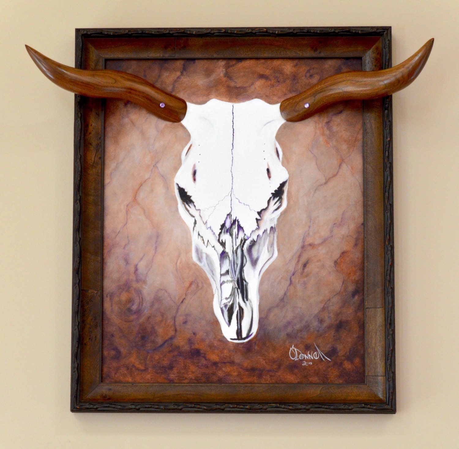 Cow skull painting 16x20 framed painting walnut wood horns