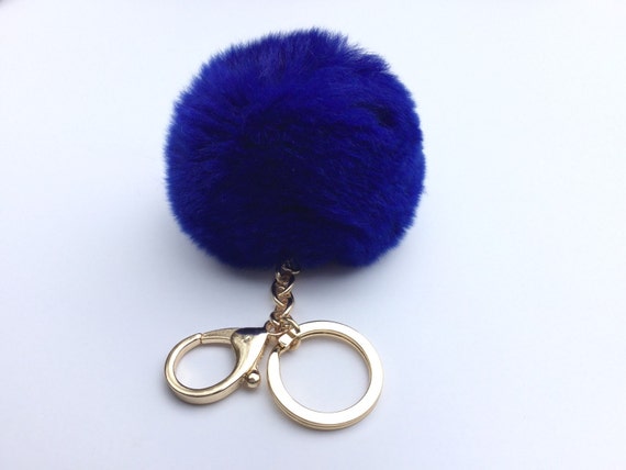 New Cobalt Blue Fur pom pom keyring keychain fur puff ball