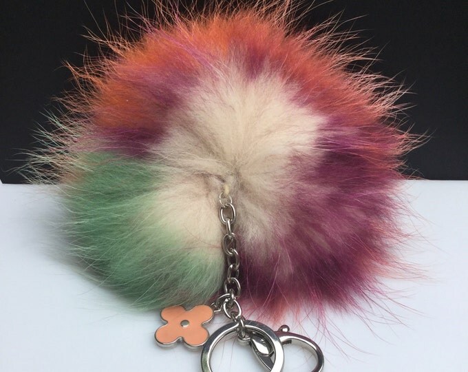NEW Collection Dimensional Swirl™ Multi Color Raccoon Fur Pom Pom bag charm clover flower charm keychain piece no.255