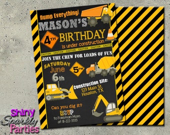 Construction invitation on chalkboard - "CONSTRUCTION Birthday INVITATION" - DIY printable invitation for construction party - Dump Truck