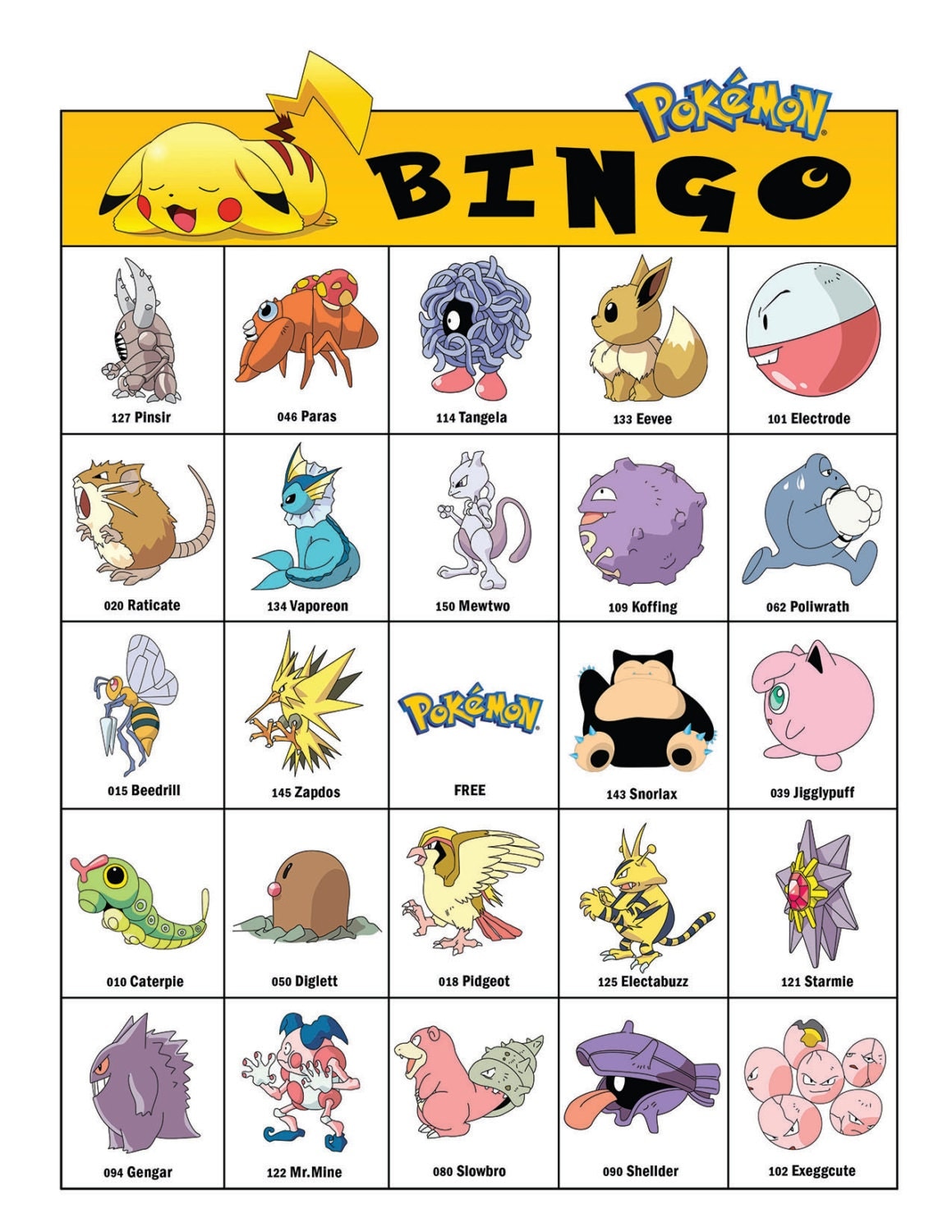 Pokemon Bingo Cards 20 Unique Cards with EXTRA LARGE by