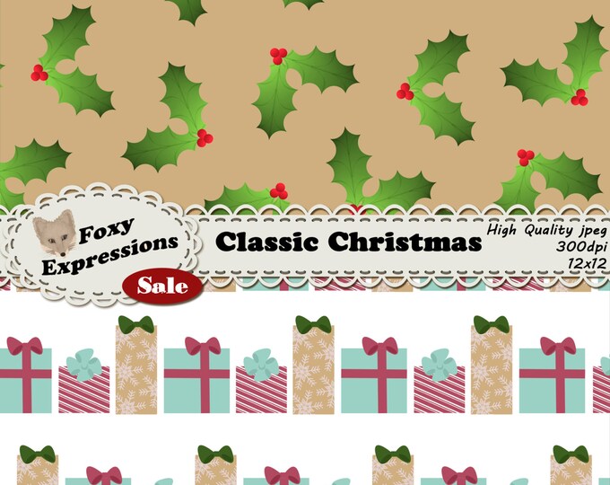 Classic Christmas in shades of green, red and gold with snowflakes, candy canes, ornaments, lights and more for personal or commercial use