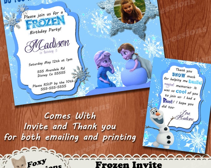 Frozen Digital Birthday Invite with Free Thank You Cards. Comes in 5x7 or 4x6. You can add a photo of your child. Can be emailed or printed.