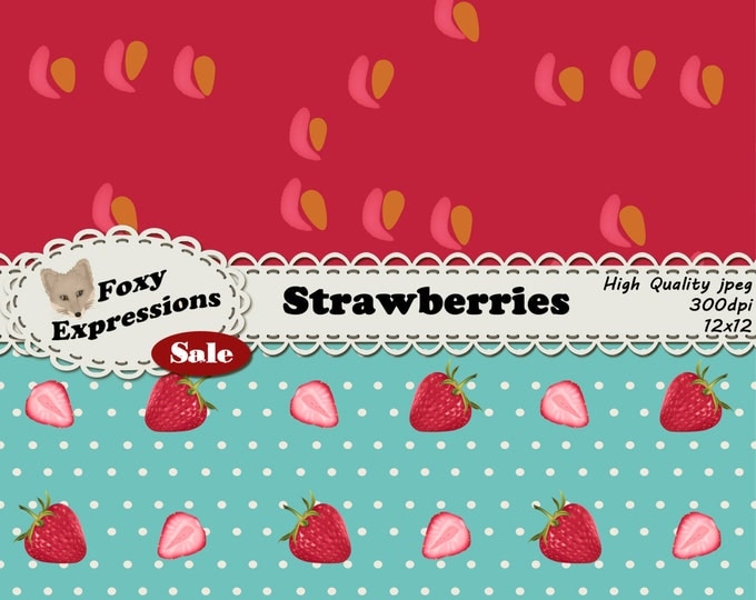 Strawberries digital paper pack comes in pink, green, and blue. Designs include strawberries, slices, flowers, stripes, chevron & polka dots