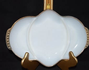 Fire King / Oven Ware / serving dish / 3 sections / sectioned dish / white / gold trim / gold / made in USA / 1950s / Fire King Oven Ware