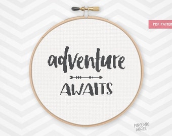ADVENTURE AWAITS counted cross stitch pattern, easy black & white typography needlecraft, modern quote embroidery, simple instant download