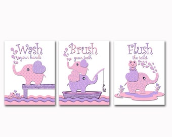 Pink purple lavender elephant bathroom art baby girl bath decor Brush Wash flush wall decoration Kids rules manners artwork toddler artwork