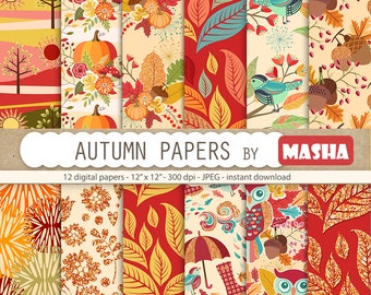 Fall digital papers: " AUTUMN DIGITAL PAPERS" with autumn pattern, leaves pattern, fall flowers, owl pattern, 12 images, 300 dpi. jpg files