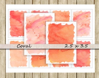 Watercolor digital paper backgrounds printable tag ATC instant download pink coral orange peach for scrapbooks journals and craft
