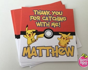 Pokemon party, Set of 24 2.5" x 2.5" thank you for coming cards or stickers, favor tags, gift enclosures, pokemon, personalized favor tags