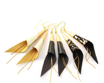 cone genuine leather earrings - gold plated jewelry - gold earrings - modern earrings - elegant earrings - geometric jewelry-pendant earring
