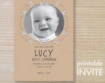 birth announcement - printable card - brown paper - white daisy chain with image - girl birth thankyou