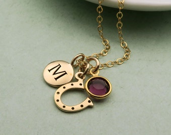 Gold Horseshoe Necklace Personalized, Initial Birthstone Necklace, Horseshoe Jewelry, Equestrian Necklace, Lucky Horseshoe