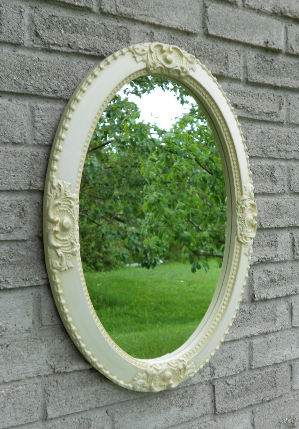 Antique white oval wall mirror. vanity mirror nursery