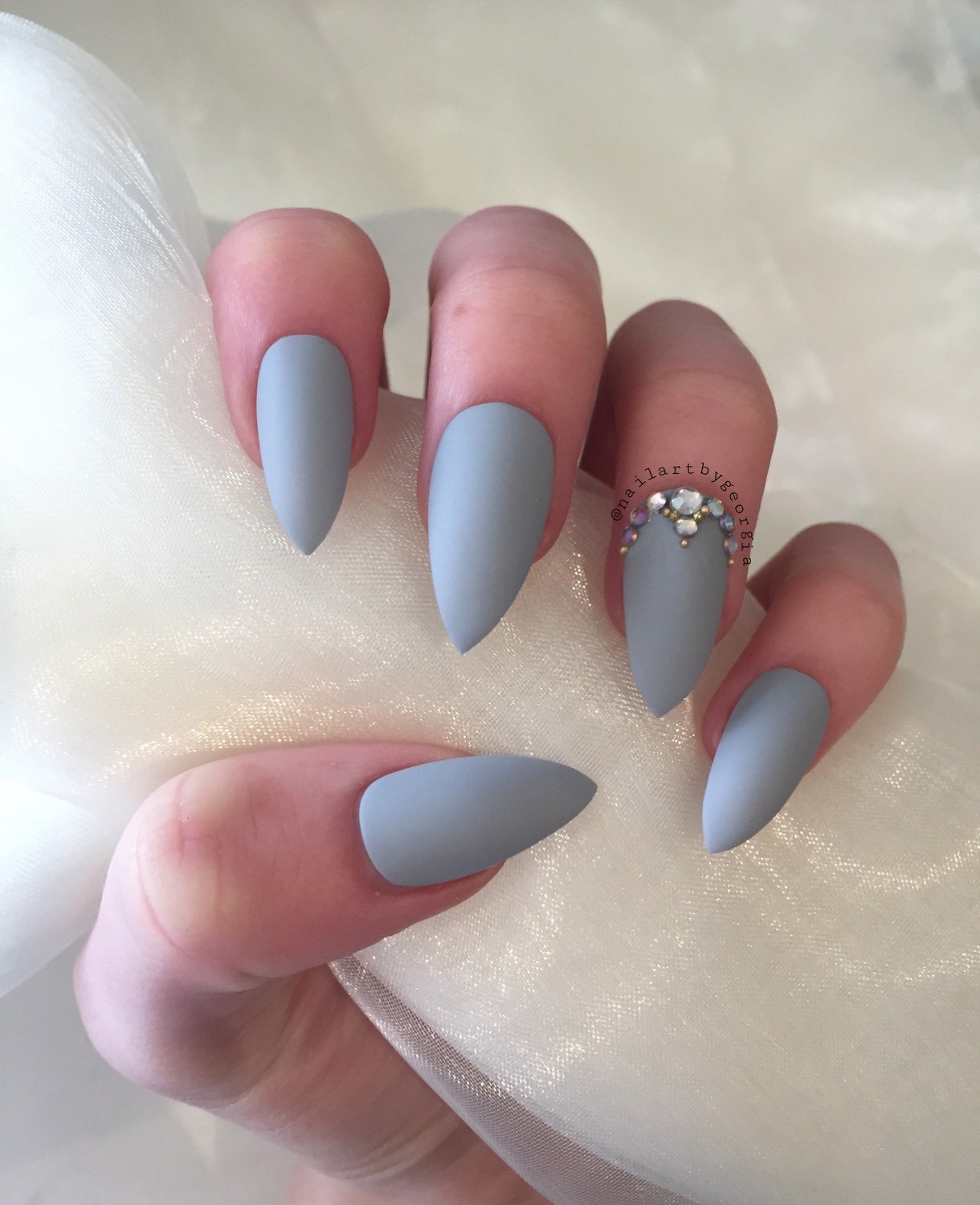 Matte Grey Stiletto false nails with rhinestones and gems