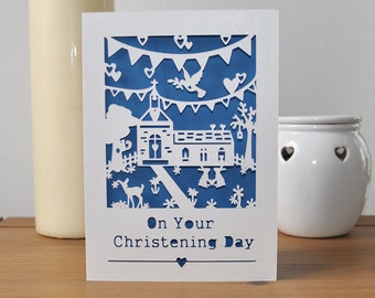 Christening Card - Handmade Paper Cut Card - 5x7 Inches