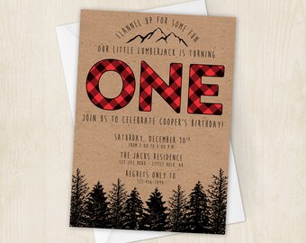Lumberjack Birthday Party Invite - First Birthday - Wilderness - Red - Plaid - Lumber Jack Invitation - 5x7 - Digital/Printable File