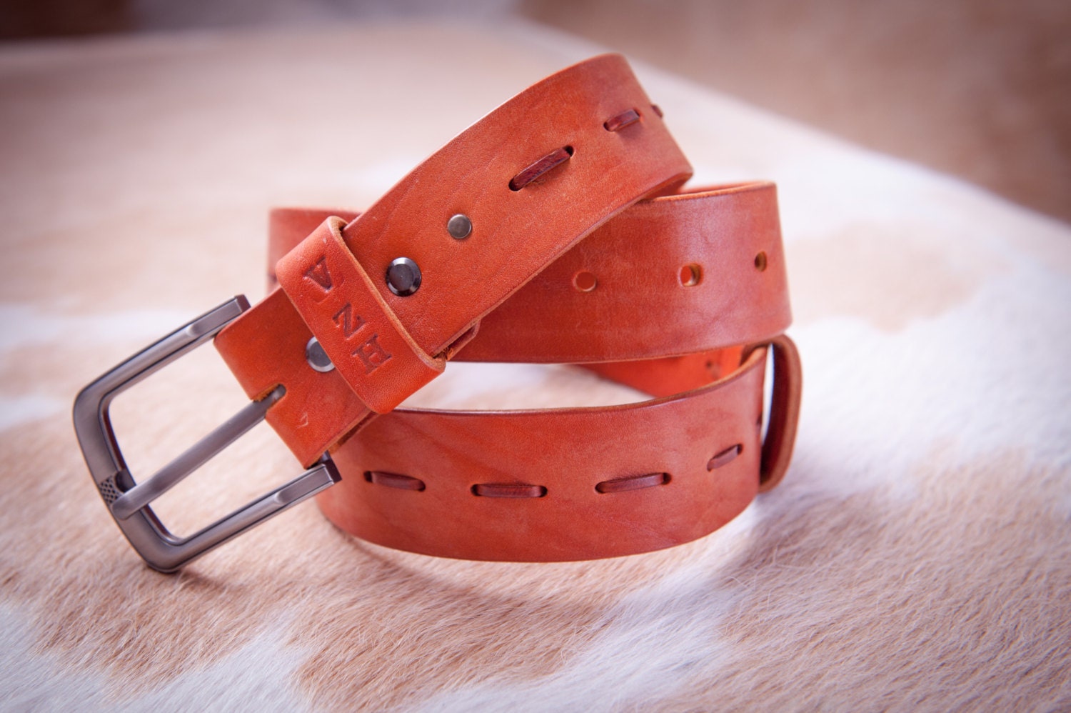 Personalized orange leather belt for men custom leather belt