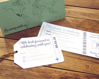Boarding Pass Wedding Invitation, Save the Date, Mint Green, Turquoise, Cruise Theme, Destination, Ticket, Travel Map, Europe