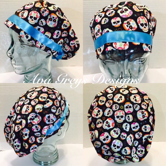 Scrub Hat European with Teal Satin Trim Sugar Skull