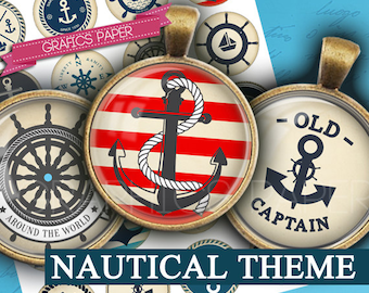 Nautical theme, anchors, rudders, sea, sailing - download digital collage sheet - td180 1.5", 1.25", 30mm, 1 inch - Circle Bottle cap image