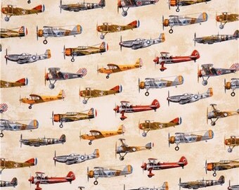 Vintage airplane fabric Robert Kaufman Transportation Beige 14835 / Fat Quarter / 1 Yard Cut / 1/2 Yard Cuts