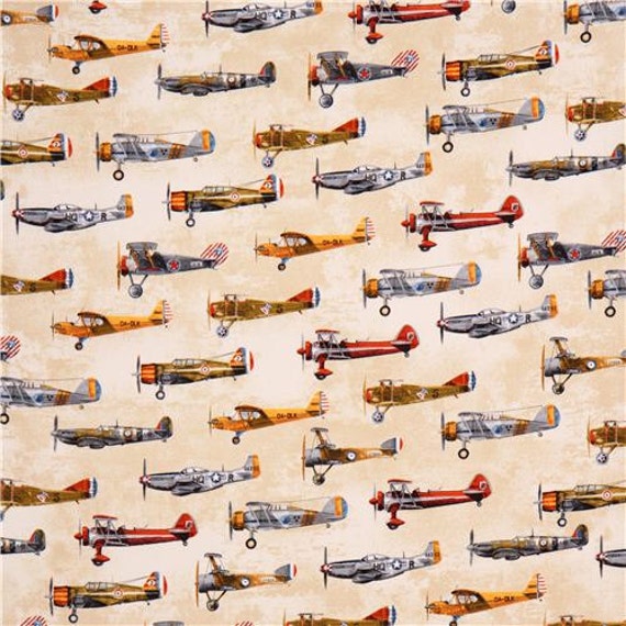 Vintage airplane fabric Robert Kaufman Transportation Beige