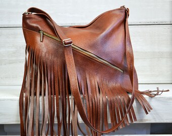Fringe LEATHER Purse COGNAC BROWN Crossbody Leather Bag With Tassels Boho Bag Lined Hobo Bag Women's Handbag Leather Laptop Bag