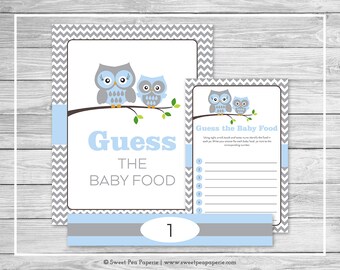 Owl Baby Shower Guess The Baby Food Game - Printable Baby Shower Guess Baby Food Game - Blue Owl Baby Shower - Baby Food Game - SP135