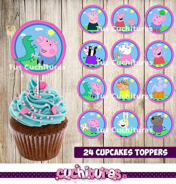 24 Peppa pig Cupcakes Toppers instant download Printable