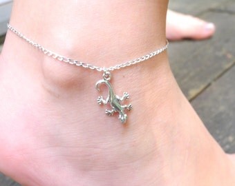 Sterling Silver Gecko Anklet, Silver Gecko Anklet, Silver Charm Anklet, Silver Anklet