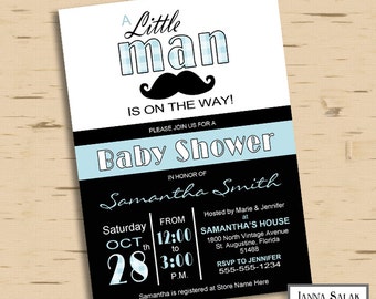 Little Man Baby Shower Invitation Printable Mustache Party Blue and Black
