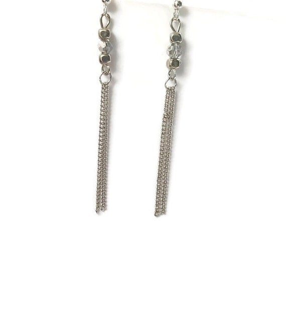 Extra Long Dangle Earrings With Silver Chain Tassels And Beads 