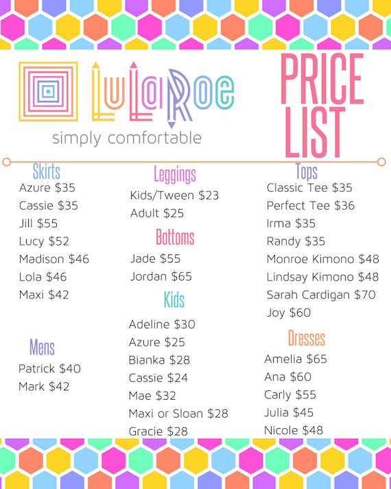 LuLaRoe Printable Price Sheet by MyrandaSue on Etsy